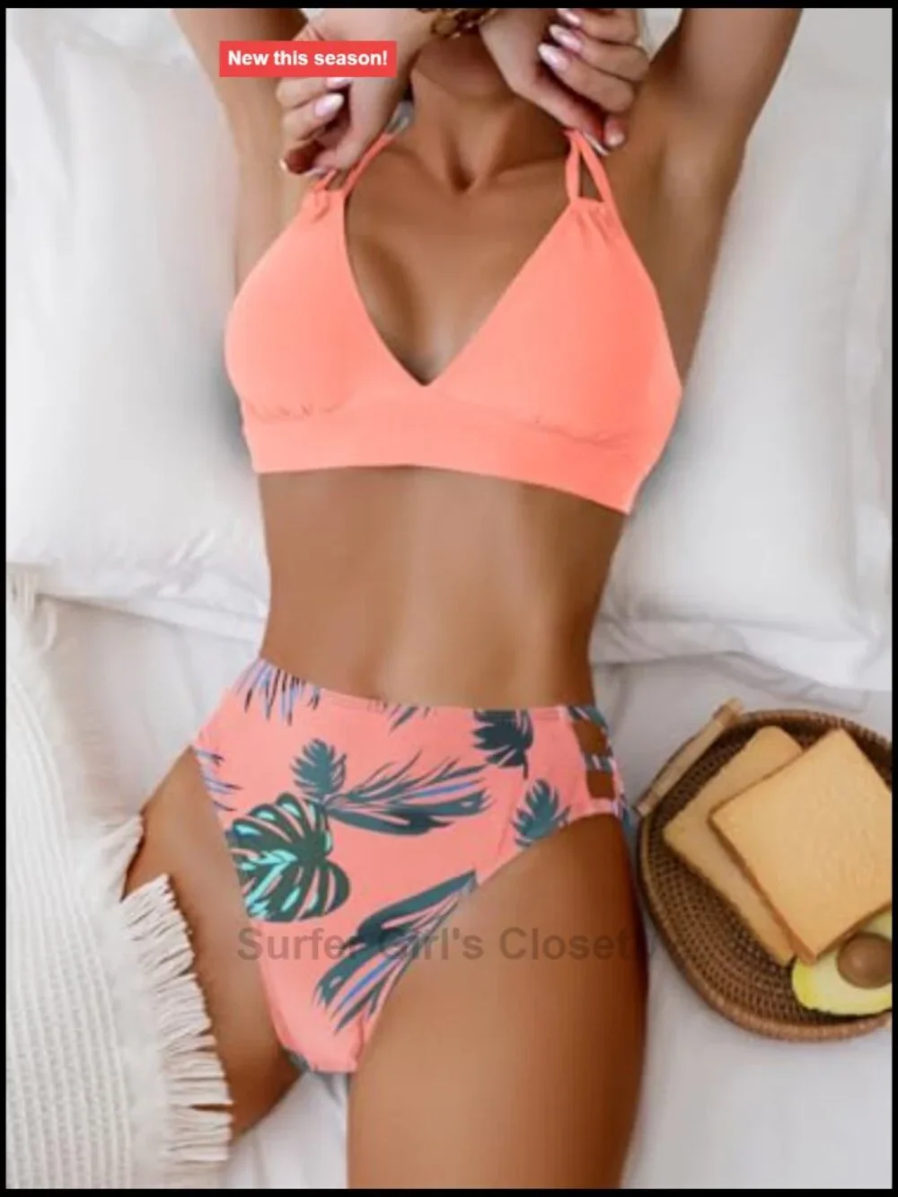 V Neck Bikini Sets Hollow Out Two Piece Cutout Mid Waist Bathing Suit